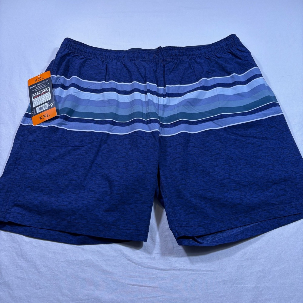 Kirkland Signature Mens Swim Shorts XXL Blue Stripe Elastic‎ Waist Pockets